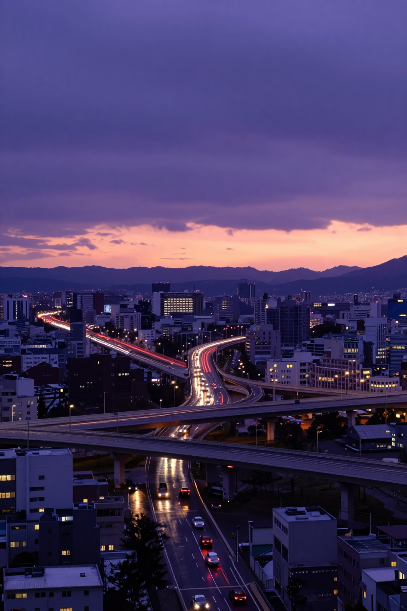 Sapporo Sunset Overpass Interchange with Glowing Taillights After Rain in Japan in in Sapporo, Japan