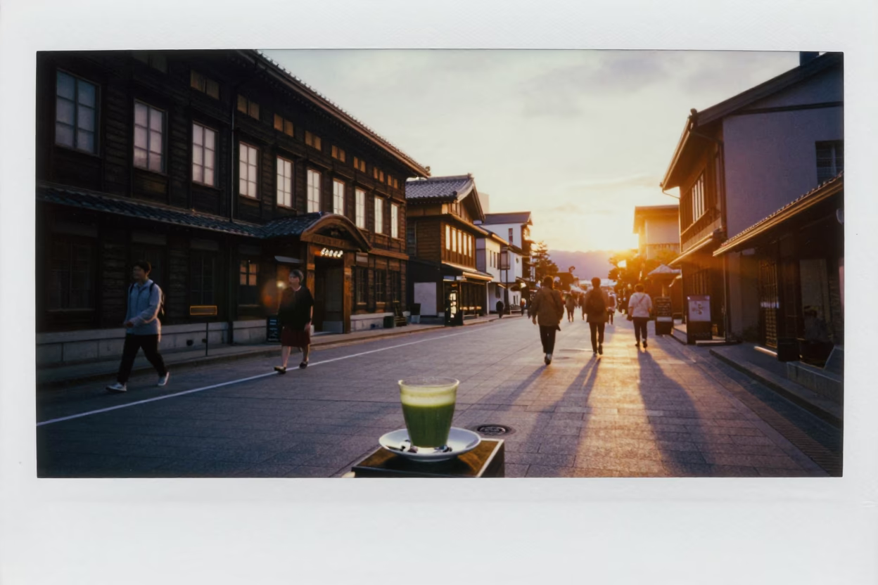 Sapporo Sunset Street Scene with Matcha Tea and Traditional Architecture in in Sapporo, Japan