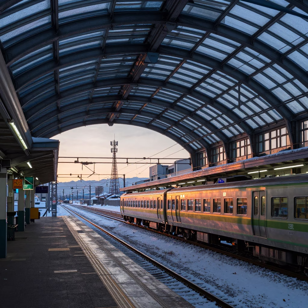 Sapporo Train Station Arched Roof Before Sunrise with Snow and Beacon in in Sapporo, Japan