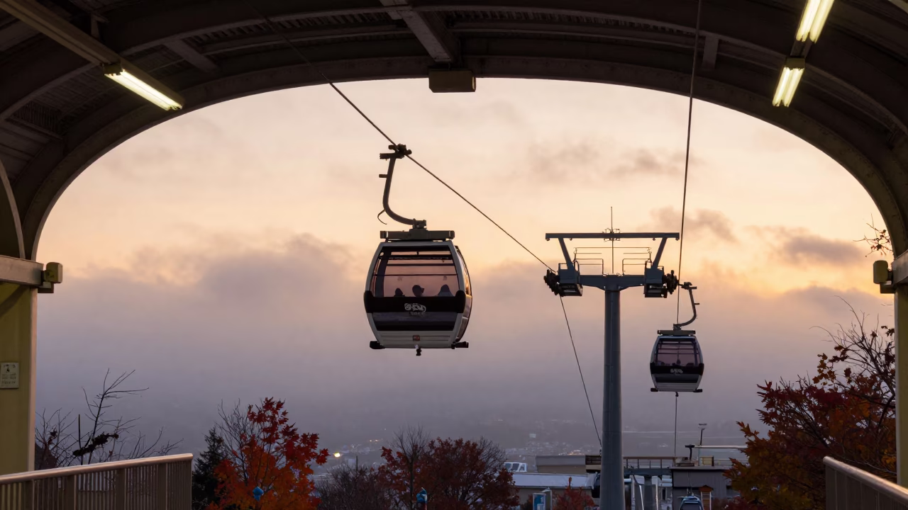 Sapporo Train Station Sunset with Gondola Lift and Autumn Mist View in in Sapporo, Japan
