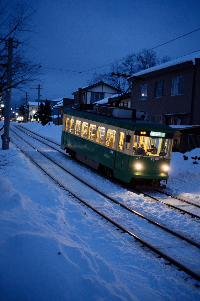 Sapporo Tram Navigating Steep Hill Slope During Evening Blue Hour in Japan in in Sapporo, Japan