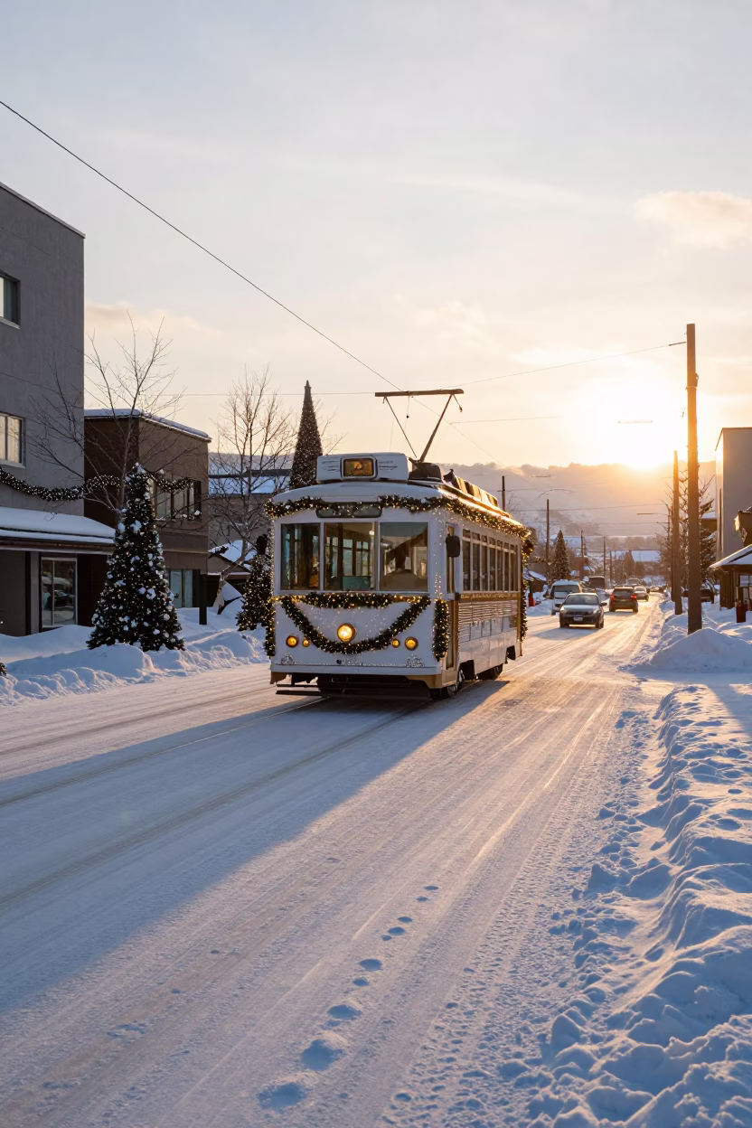 Sapporo Tramcar Christmas Decorations Snowy Avenue Sunset Street Scene in in Sapporo, Japan