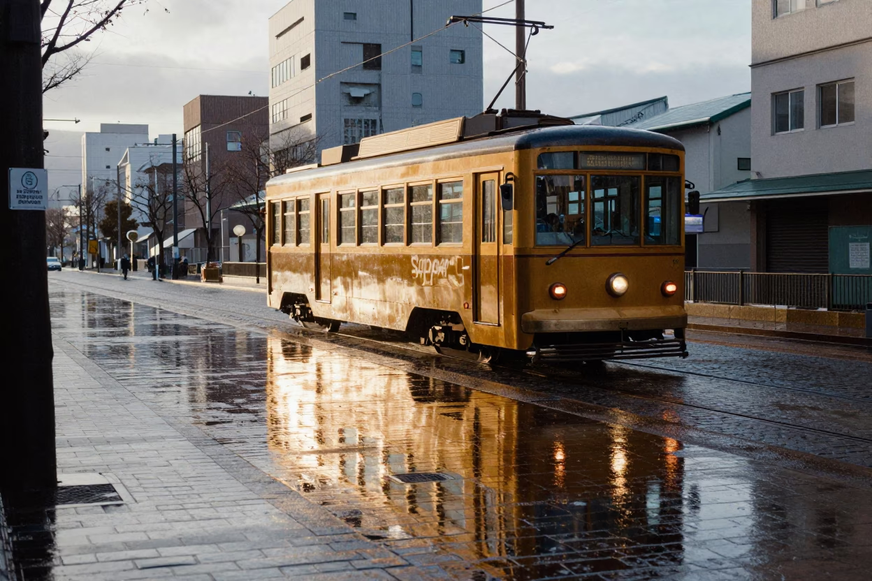 Sapporo Tramcar Reflection in Rain on Cobblestones Late Afternoon in in Sapporo, Japan