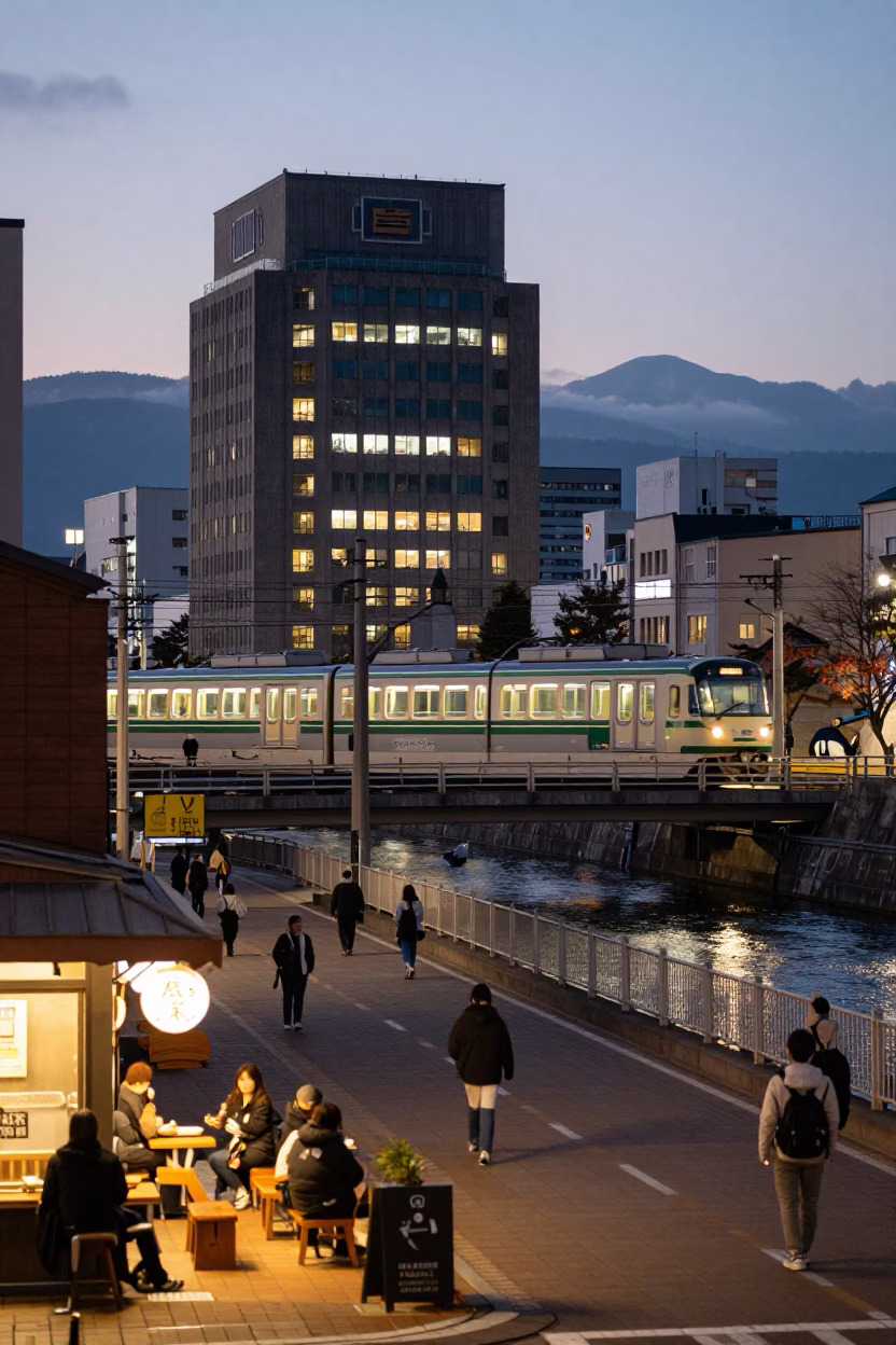 Sapporo Twilight Street Scene with Monorail and Local Dining Atmosphere in in Sapporo, Japan