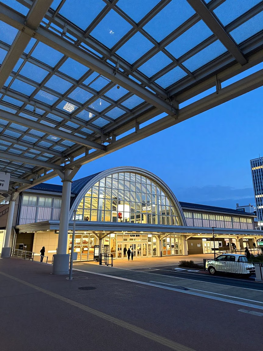 Sapporo Twilight Train Station Glass Steel Roof and Gelato Shop Window Display in in Sapporo, Japan