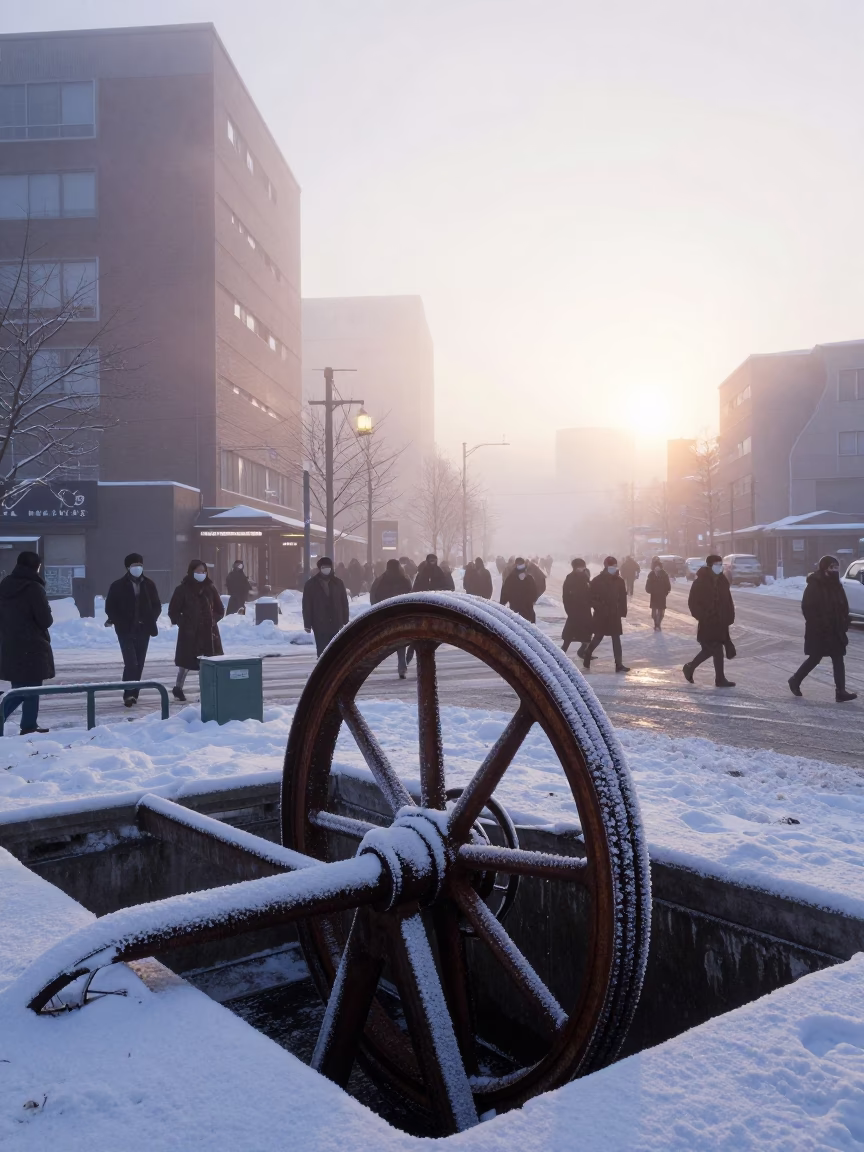 Sapporo Winter Dawn Commuters at Frosty Sluice Gate Street Scene in in Sapporo, Japan