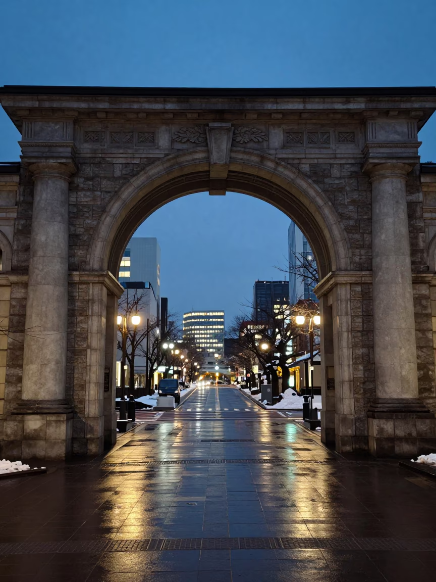 Sapporo Winter Evening Street Scene with University Archway and Wet Bicycle Rack in in Sapporo, Japan