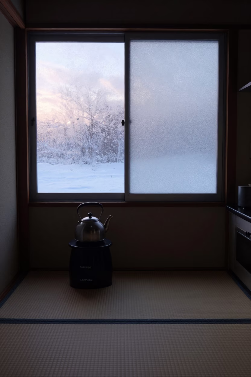 Sapporo Winter Morning Kitchen Scene with Kettle and Stool Before Sunrise in in Sapporo, Japan