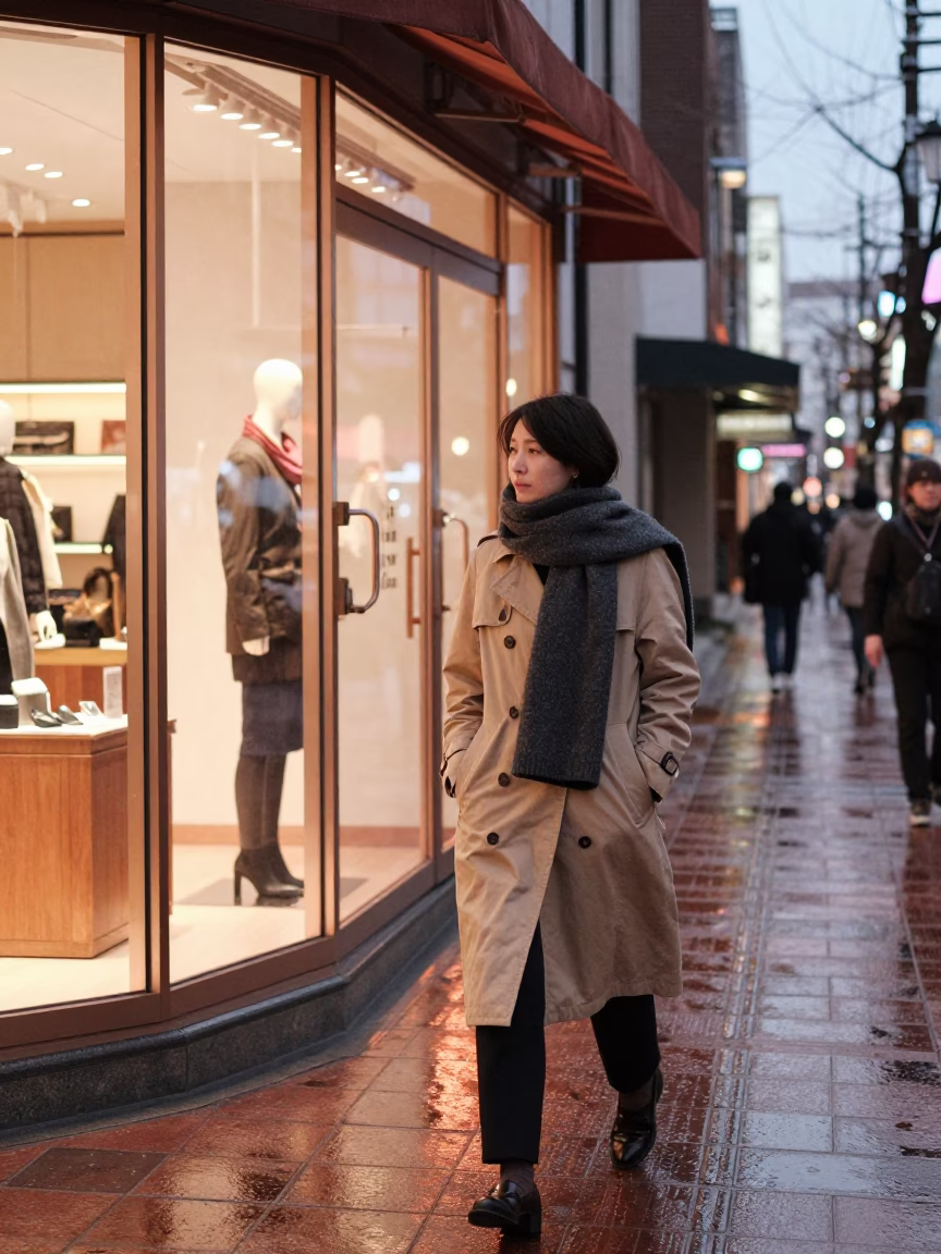 Sapporo Winter Street Scene with Wool Scarves in Copper Dusk Light in in Sapporo, Japan