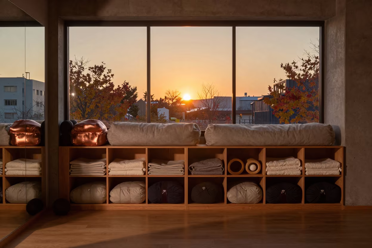 Sapporo Yoga Studio Second Sun Autumn Light in inside a mirrored studio cleared for class in Sapporo