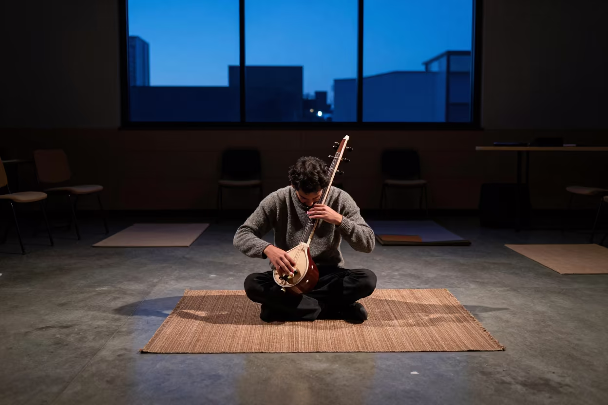 Sarangi Player in Melbourne Winter Twilight in in a rehearsal room in Melbourne