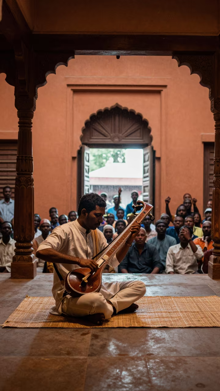 Sarangi Player Performs in Pointe-Noire Haveli in on a dimly lit stage in Pointe-Noire