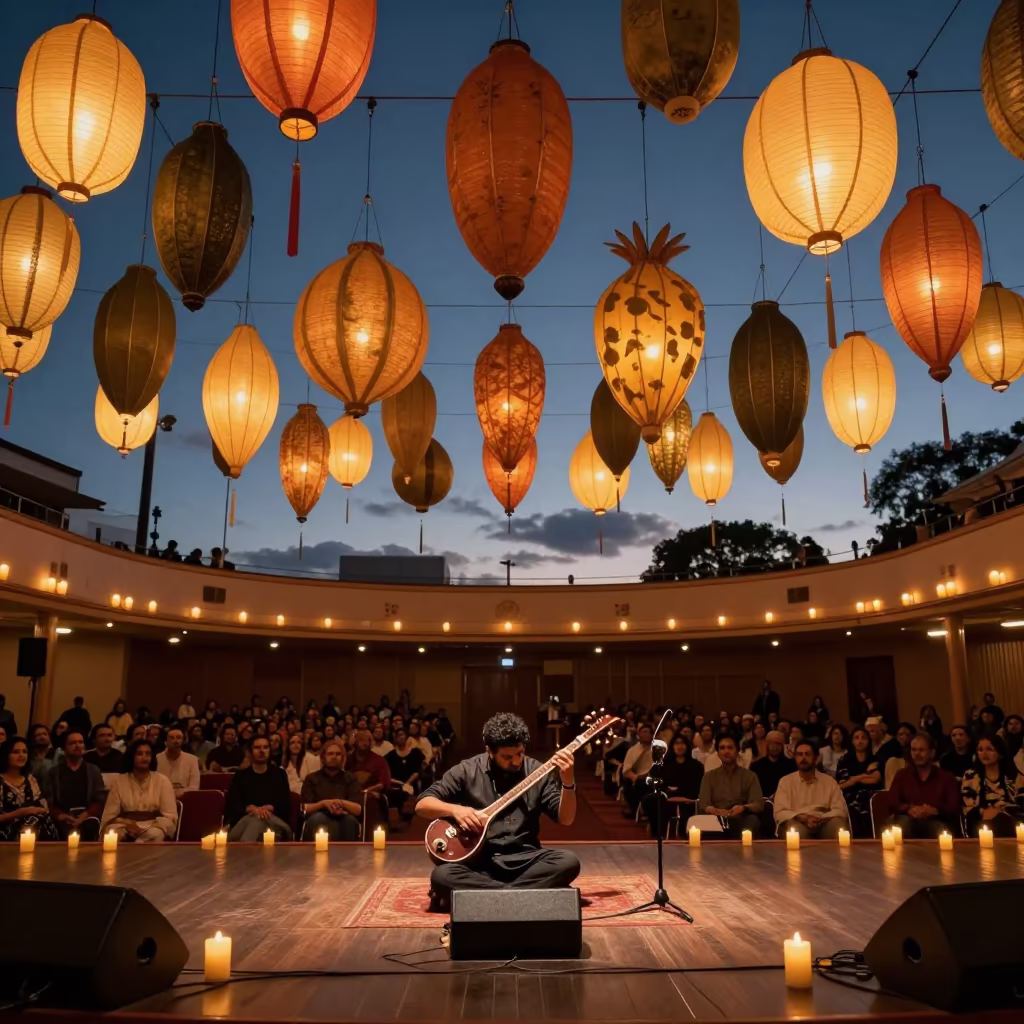 Sarangi Player in Perth Hall with Floating Lanterns in in a concert hall in Perth