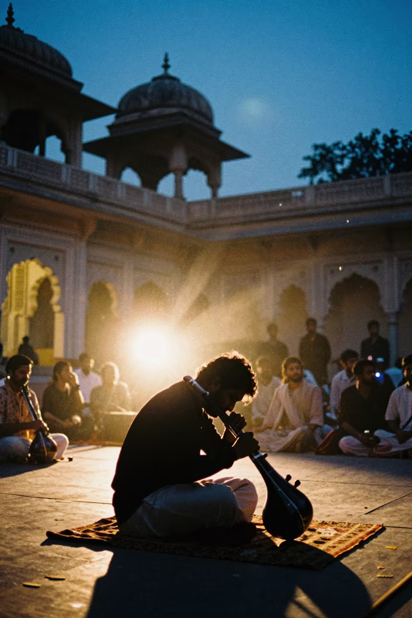 Sarangi Player Silhouette in Potsdam Twilight in on a dimly lit stage in Potsdam