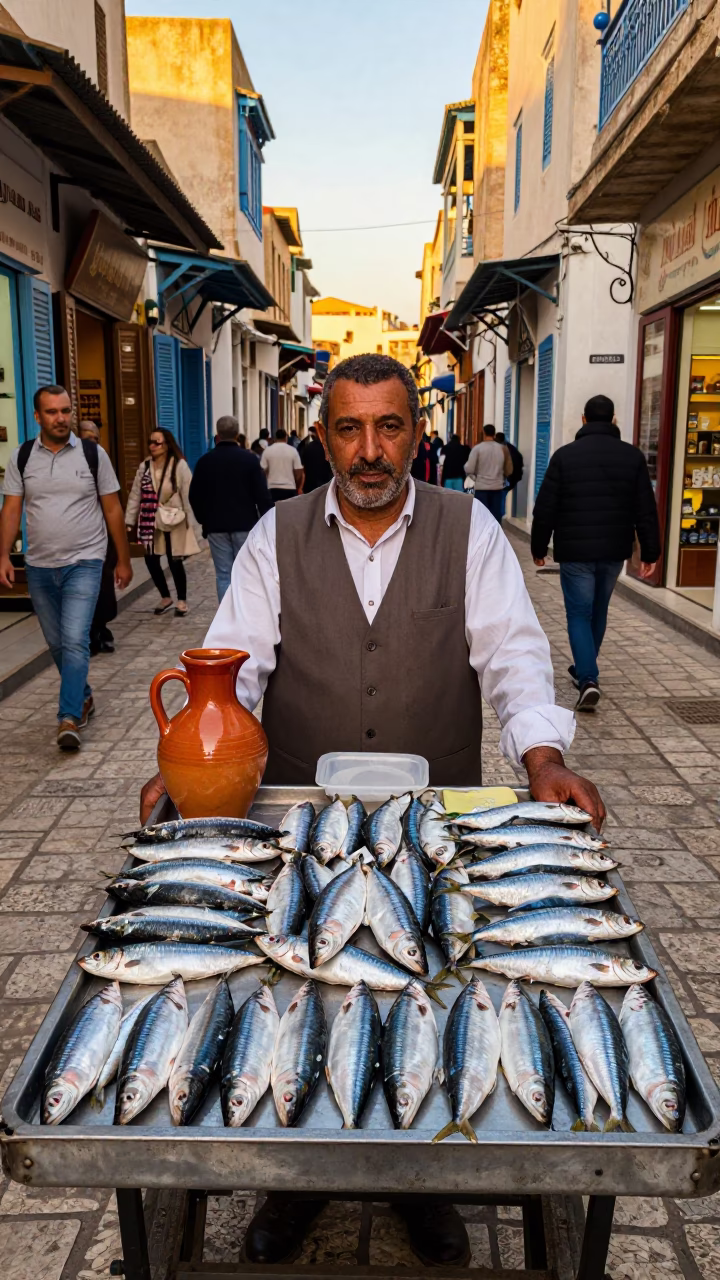 Sardine Vendor at Sunset in Tunis Medina Street with Ceramic Pitcher in in Tunis, Tunisia