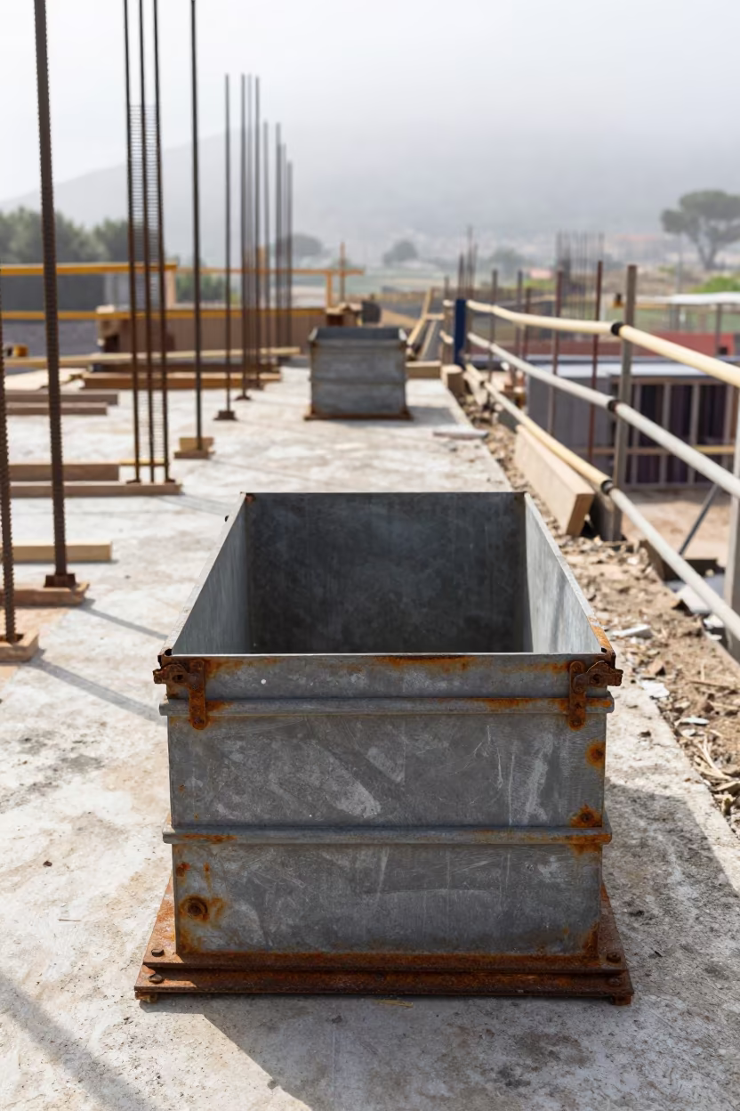 Sardinia Construction Tie Bin Midmorning Light in on an active construction deck in Sardinia