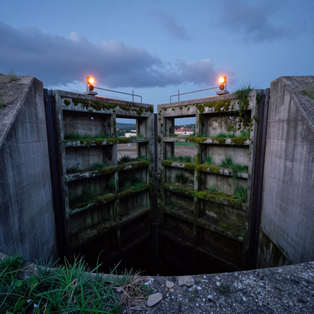 Sardinia Lock Sideways Grass Blue Hour Sky in at a canal lock chamber in Sardinia
