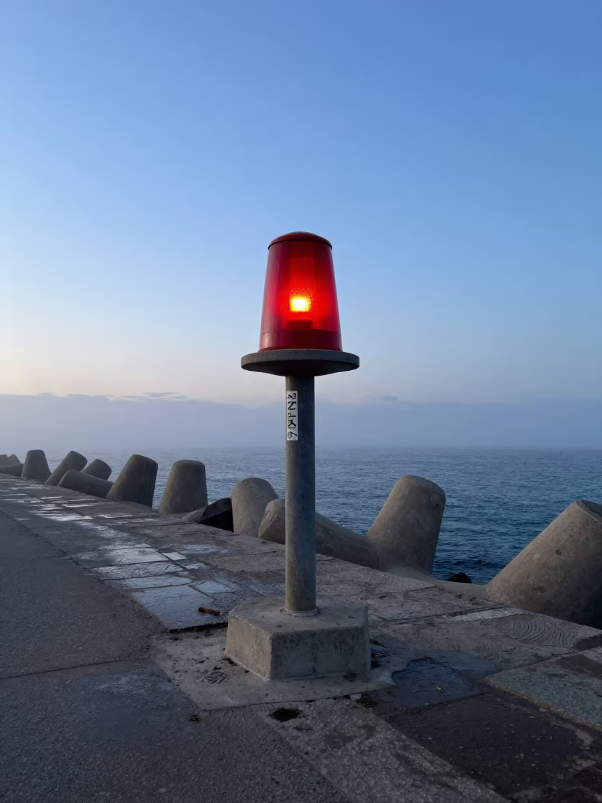 Sardinian Breakwater Beacon Dawn Mist in along a levee path above floodwater in Sardinia