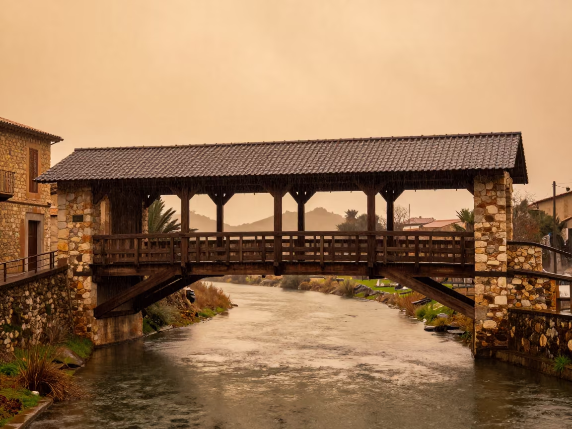 Sardinian Bridge Over Canal in Winter Amber Light in beside a canal-front facade in Sardinia