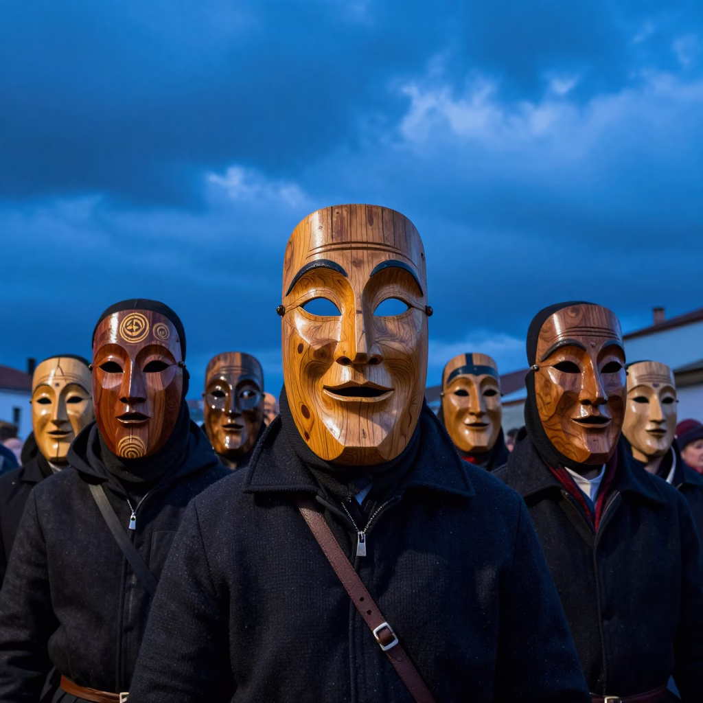 Sardinian Carnival Masks in Evening Blue Light in at a festival street procession near Salvador