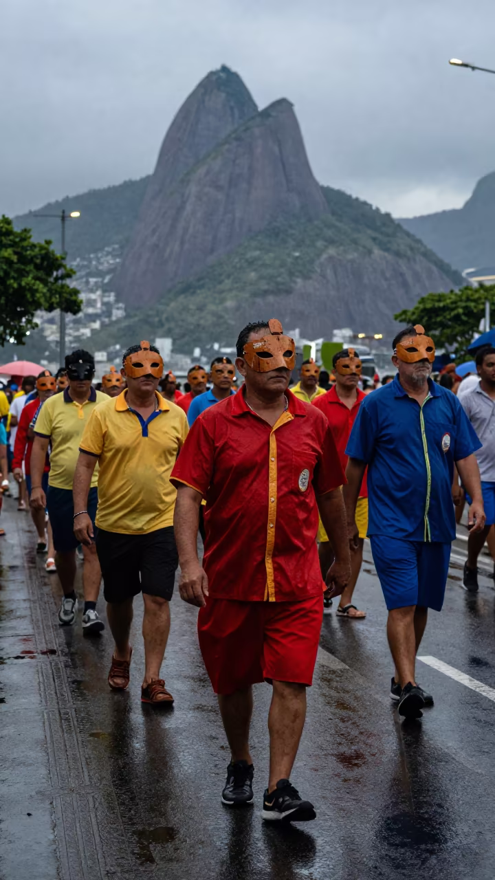Sardinian Carnival Masks Parade in Rio Evening in at a festival street procession in Rio de Janeiro
