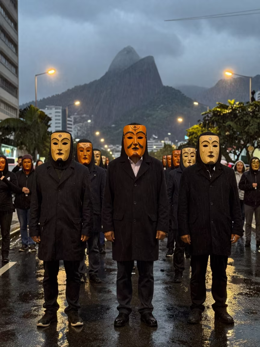 Sardinian Carnival Masks Rio Night Parade in at a festival street procession in Rio de Janeiro