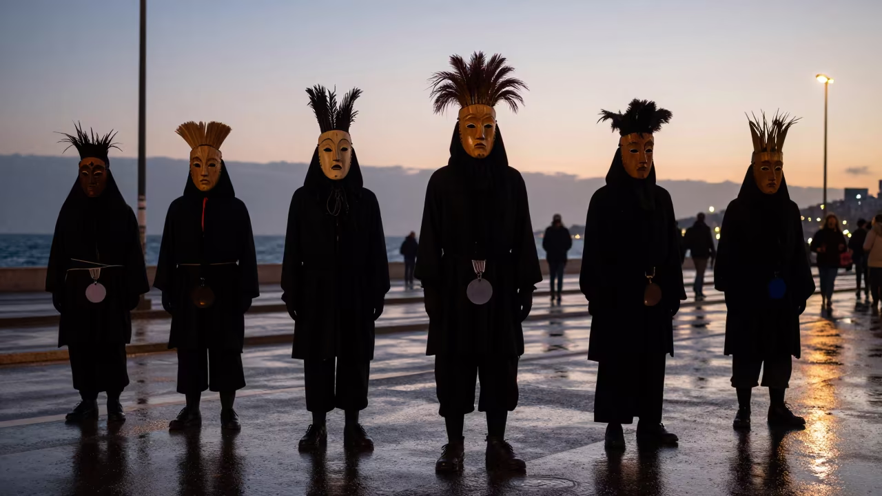 Silhouetted Sardinian Carnival Masks in Rio Street in at a festival street procession in Copacabana, Rio de Janeiro