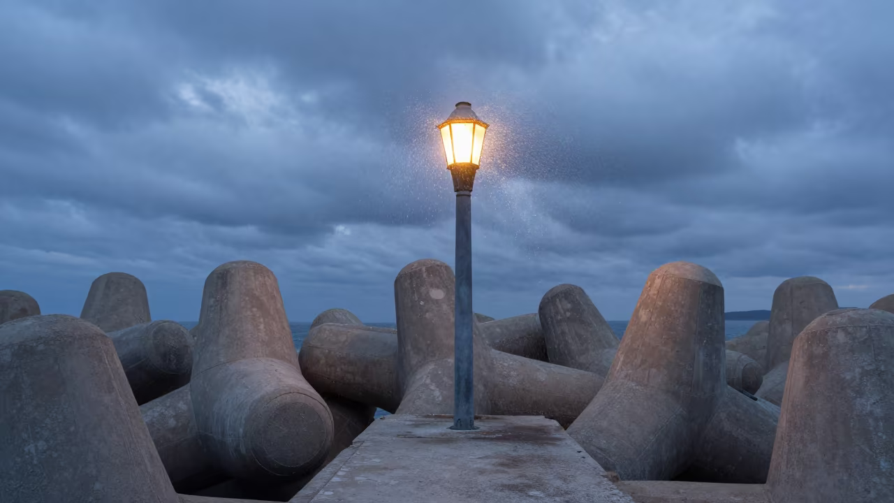 Sardinian Lantern Overpass Frozen in Blue Hour in across a windy overpass interchange in Sardinia