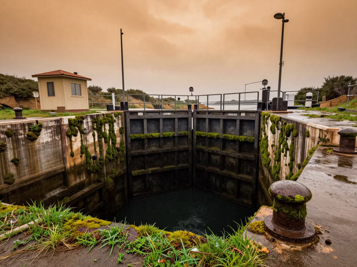 Sardinian Lock Moss Grows Sideways in Amber Light in along a levee path above floodwater in Sardinia