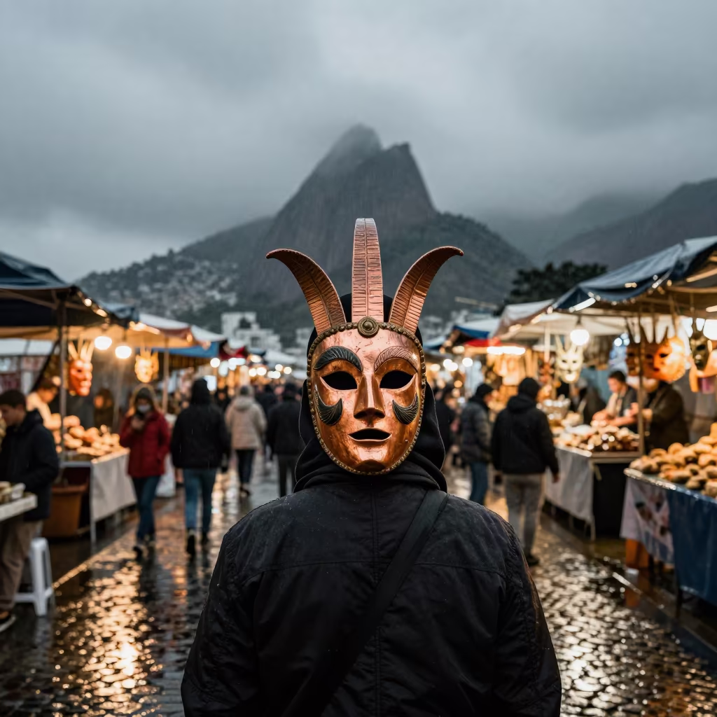Sardinian Masks at Rio Night Market in at a night market in Rio de Janeiro