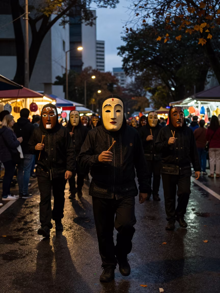 Sardinian Masks in São Paulo Predawn Market in at a night market near São Paulo