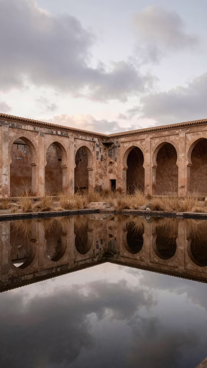 Sardinian Moorish Ruins Mirror Dawn Grass in through a courtyard reclaimed by grasses in Sardinia