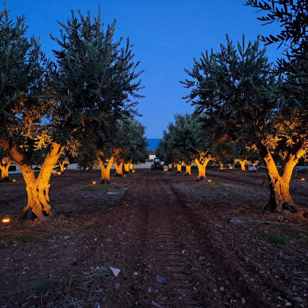 Sardinian Olive Grove Twilight with Blue Haze in beside a tractor track through dark soil in Sardinia