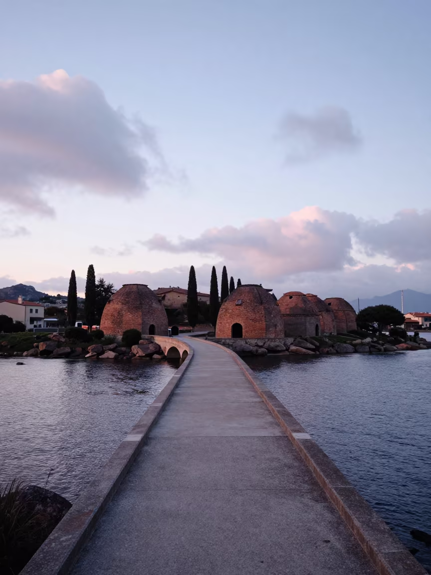 Sardinian Viaduct Dawn Over Cypress and Brick Kilns in beside a bridge pier above moving water in Sardinia