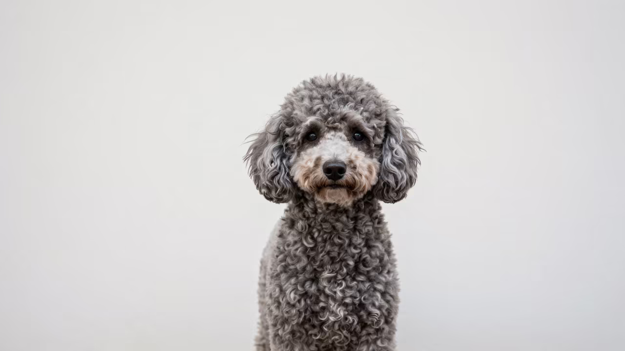 Sarh Poodle Portrait Soft Indoor Light in beside a plain plaster wall in soft indoor light with the animal centered in frame in Sarh