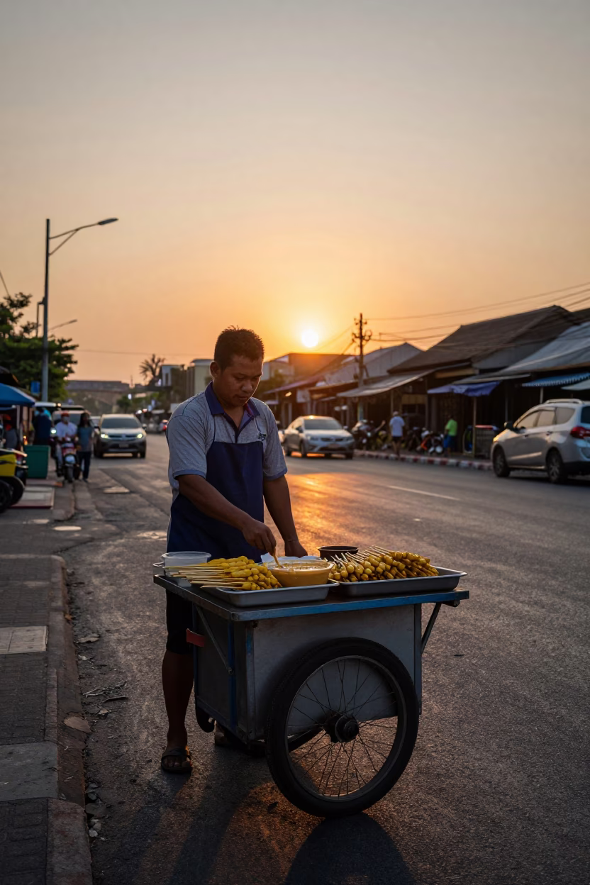 Satay Skewers in Bangkok at As The Sun Drops Toward The Horizon in in Bangkok, Thailand