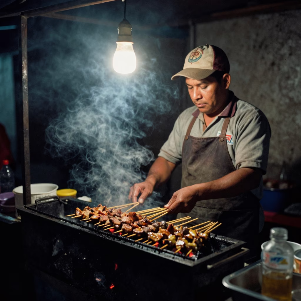 Satay Skewers in Lima at The Predawn Darkness Light in in Lima, Peru