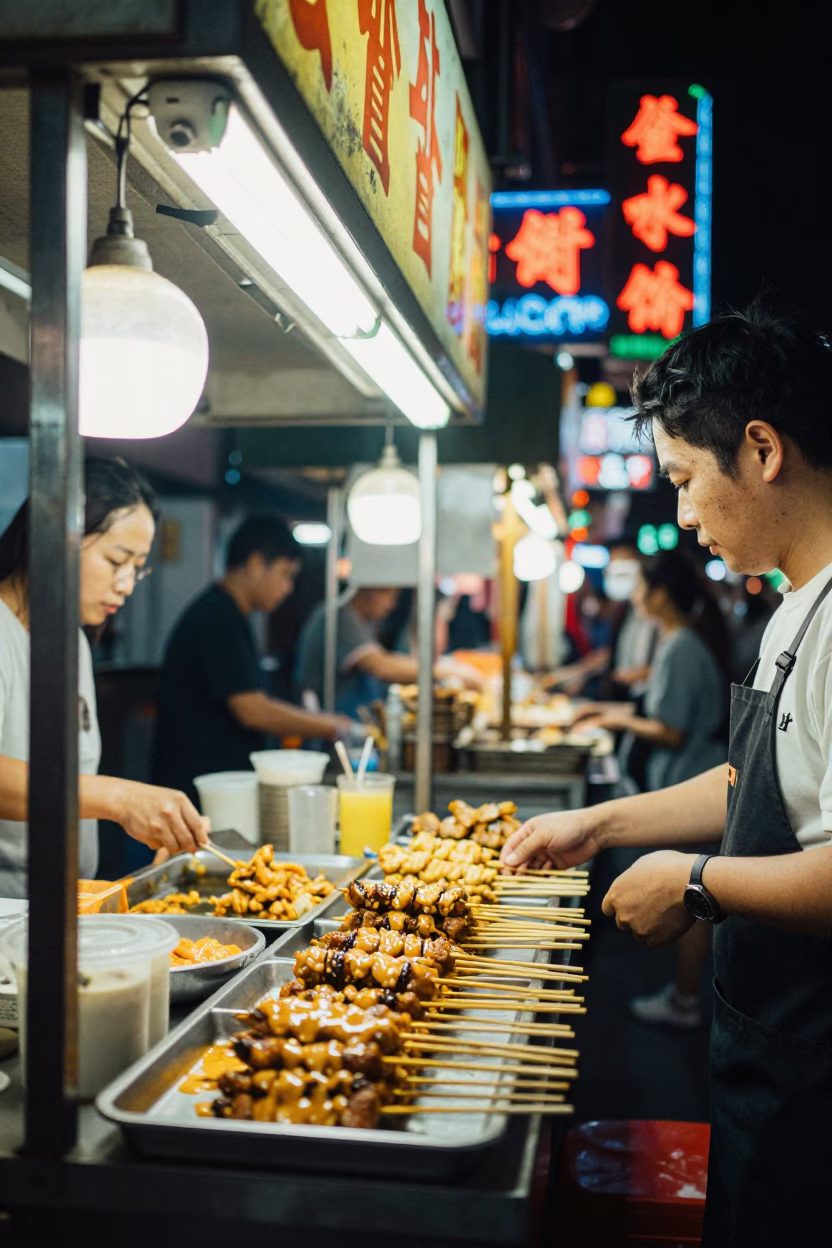 Satay Skewers in Taipei at Late At Night Light in in Taipei, Taiwan