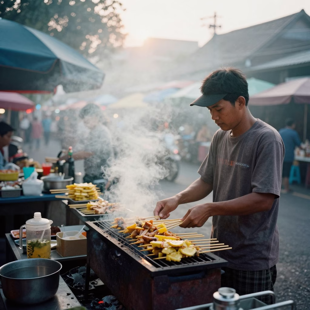 Satay Skewers just after sunrise in Chiang Mai in in Chiang Mai, Thailand