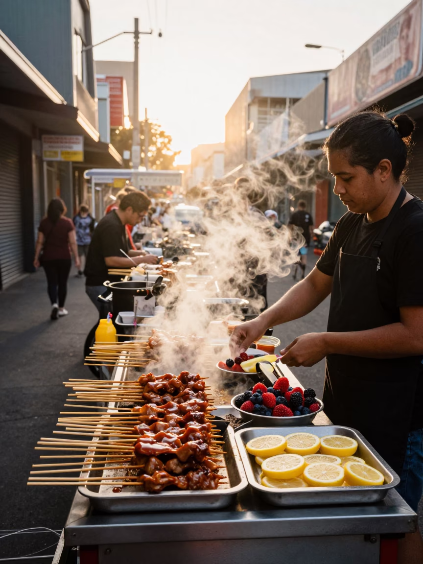 Satay Skewers just after sunrise in Melbourne in in Melbourne, Victoria, Australia