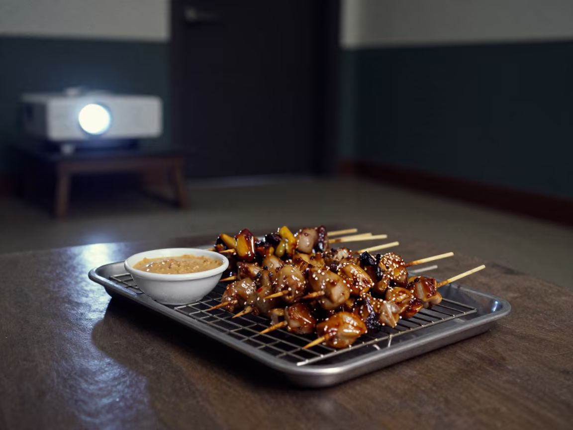 Satay Skewers and Peanut Sauce on Bakery Rack in on a bakery cooling rack in Saharsa
