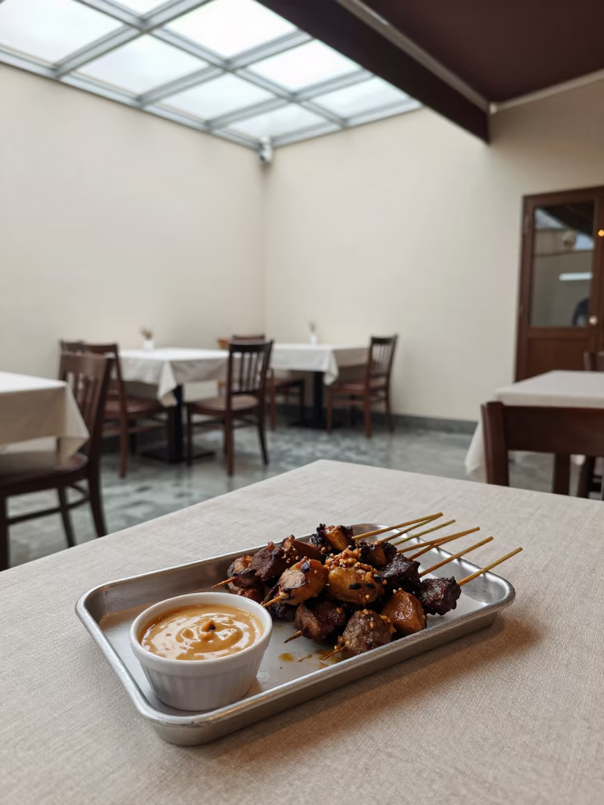Satay Skewers with Peanut Sauce on Linen Table in on a linen-covered restaurant table in Valencia