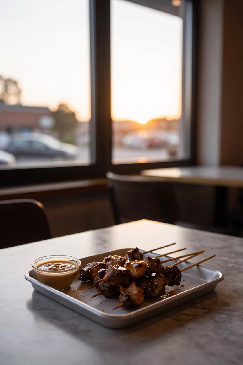 Satay Skewers with Peanut Sauce on Marble Table in on a marble cafe table in Peterborough