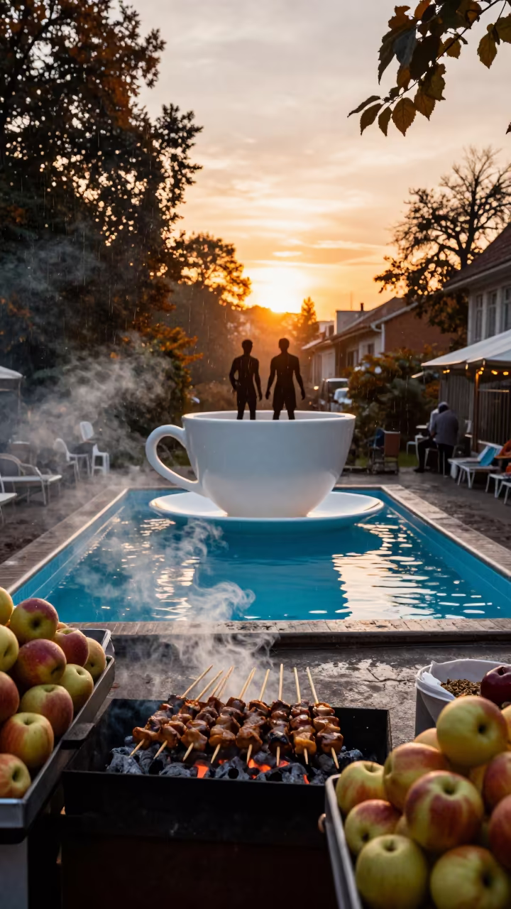 Satay Smoke Silhouette Autumn Market in at a roadside fruit stand in Belgrade