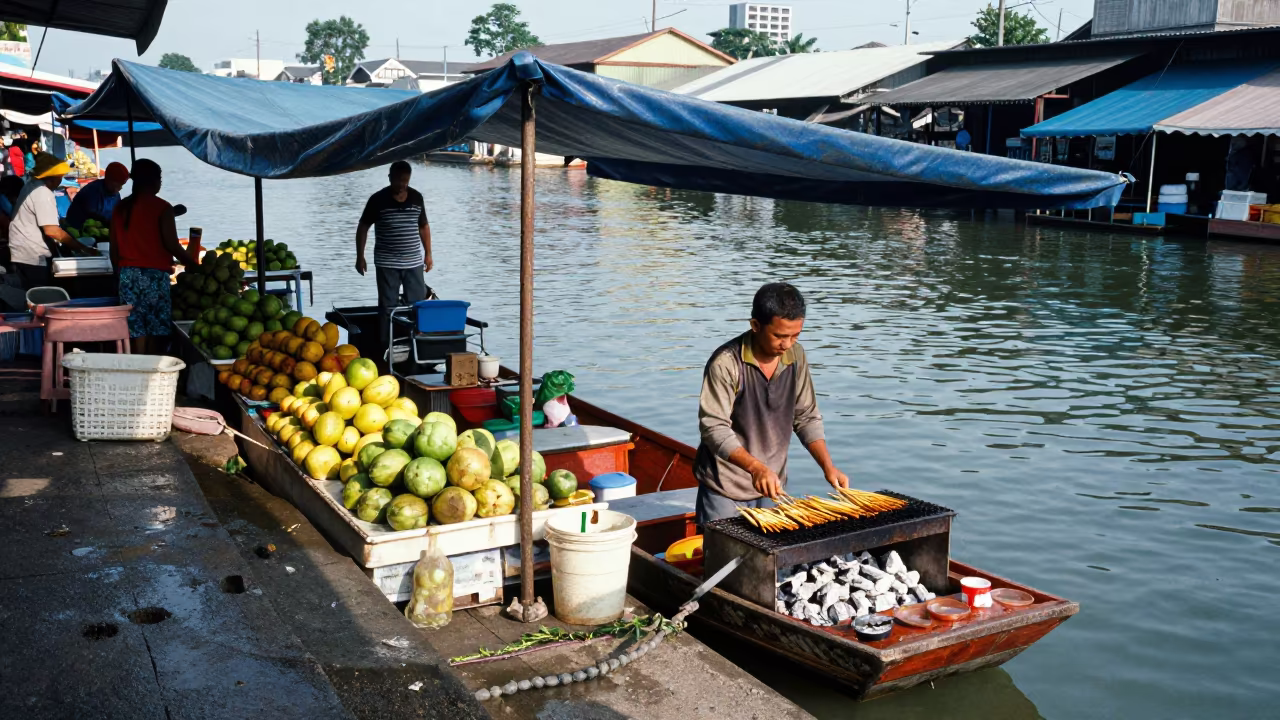 Satay Vendor Grilling on Boat at Detroit Fruit Stand in at a roadside fruit stand in Detroit
