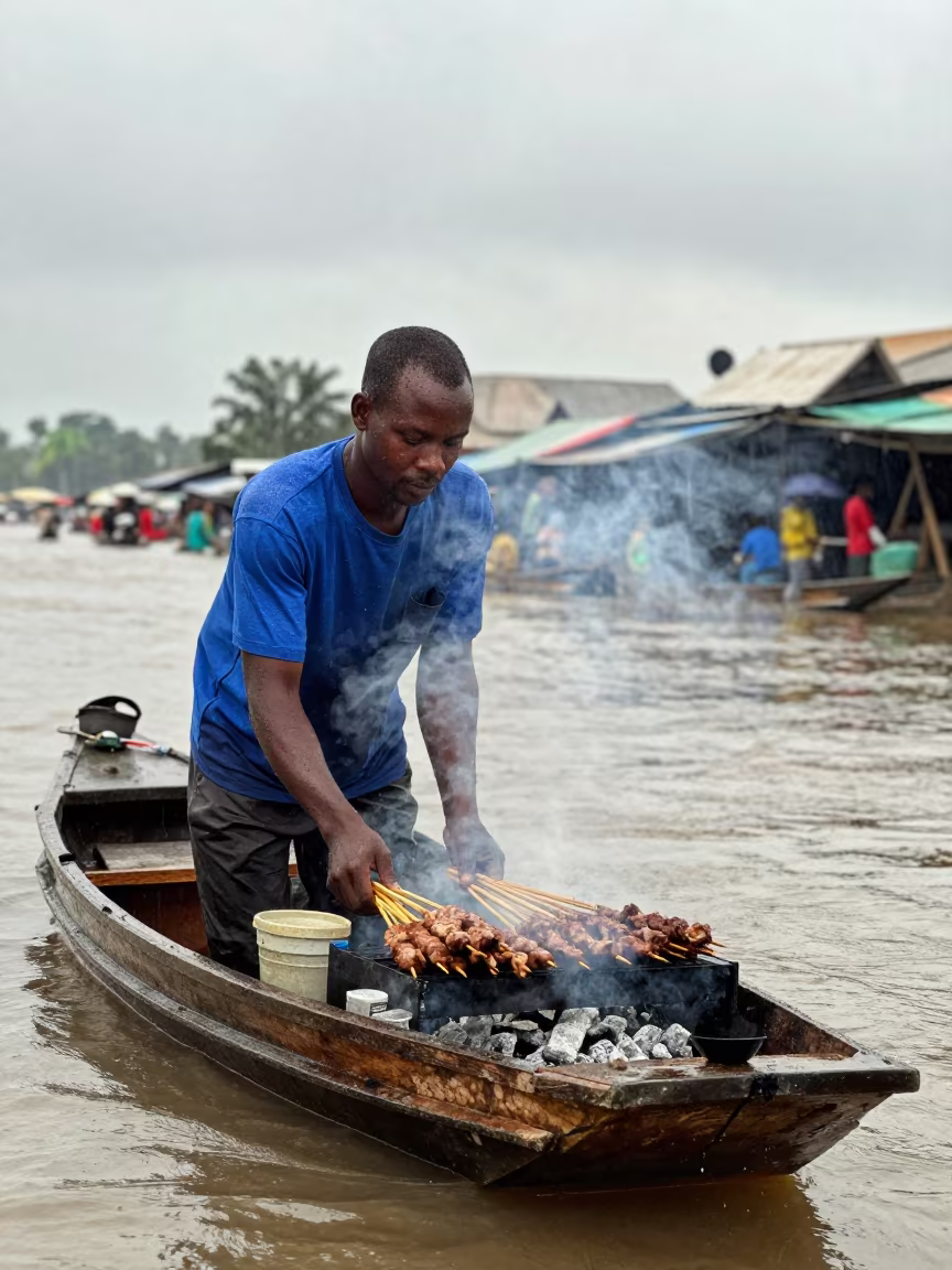 Satay Vendor Grilling Over Charcoal at Dawn Market in in a flea market lane in Kinshasa