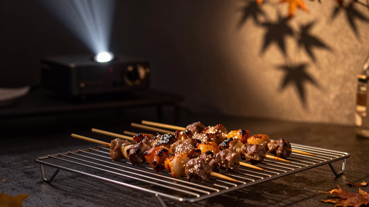 Sate Skewers on Bakery Rack at Night in on a bakery cooling rack in Chorzów