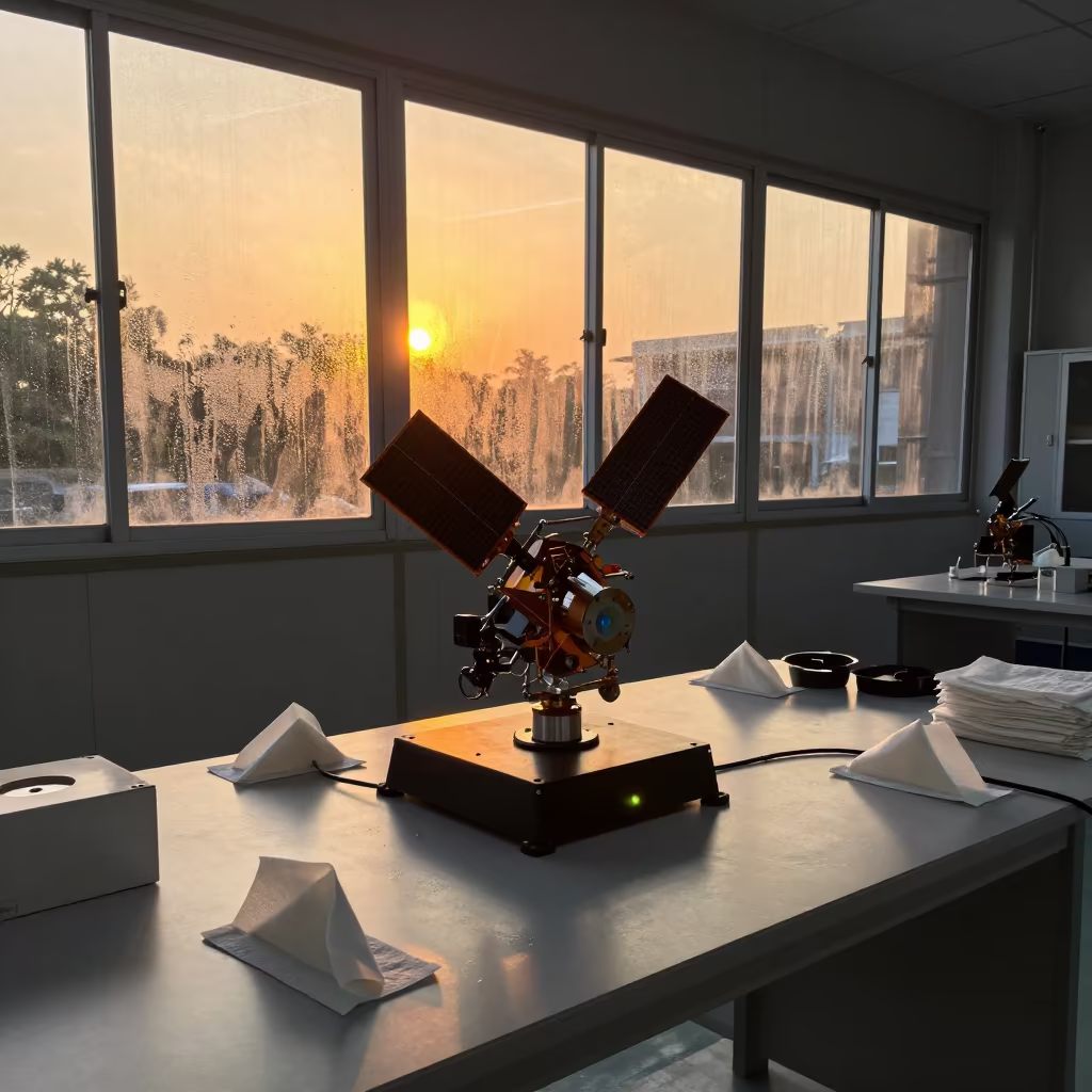 Satellite Jig in Amber Sunset Light Clean Room in inside a clean room near Aurangabad