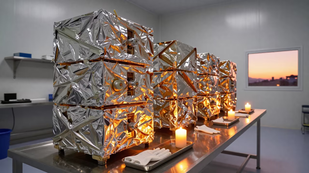 Satellite Parts in Clean Room Candlelight in inside a clean room near San Marcos, Quito