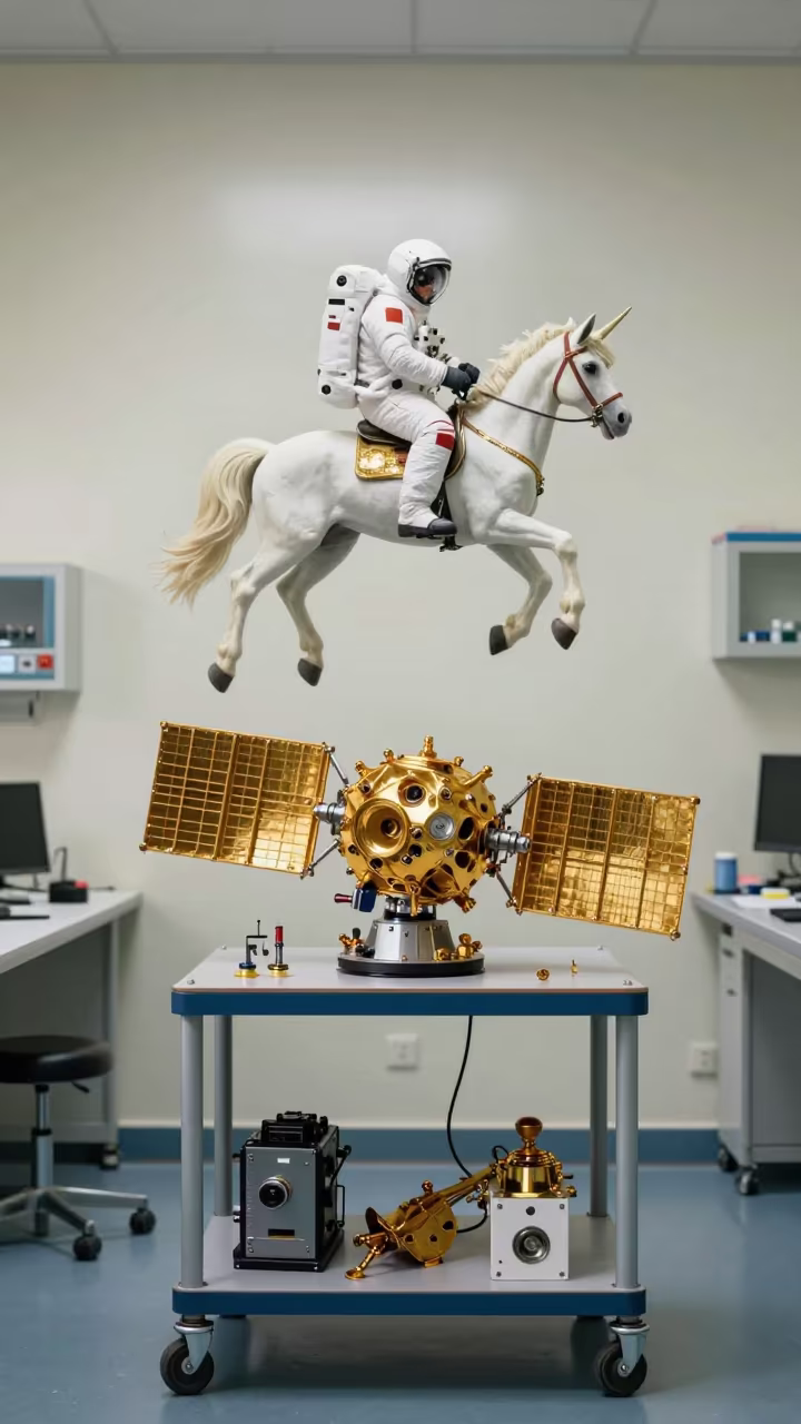 Satellite Parts Unicorn Astronaut Al Bayda in at an engineering workbench in Al Bayda